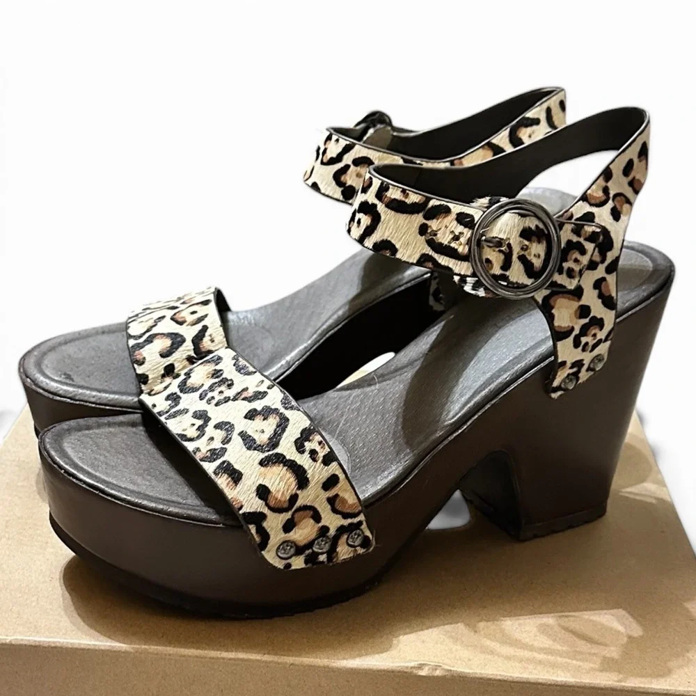 Naked Feet Oro Platform Sandal Bone Leopard Stamped Calf Hair Leather 8.5